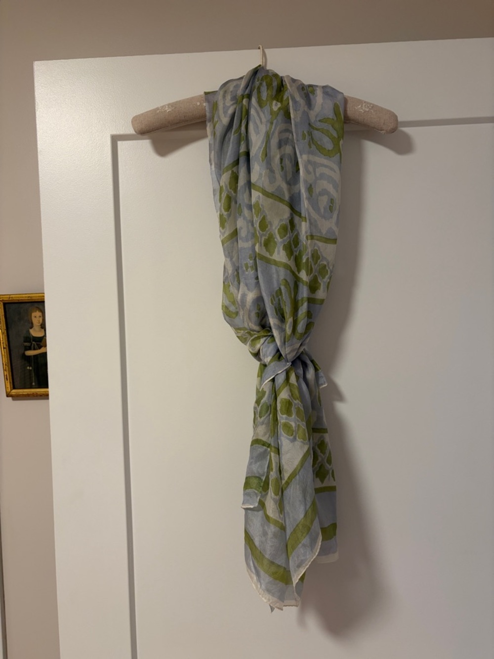 Light Blue and Olive Green Patterned  pure silk Scarf . By rockpaperflower